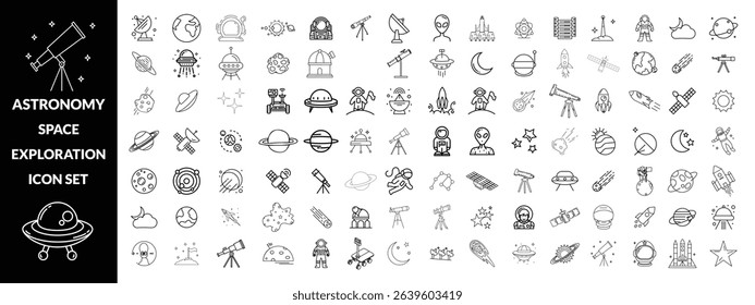Astronomy and space exploration icon set. Thin line editable stroke icons for astrophysics, planets, rockets, astronauts, solar system, satellites, galaxies and outer space observation science design 