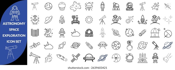 Astronomy and space exploration icon set. Thin line editable stroke icons for astrophysics, planets, rockets, astronauts, solar system, satellites, galaxies and outer space observation science design 