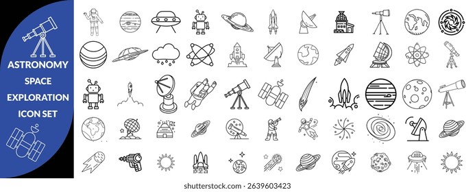 Astronomy and space exploration icon set. Thin line editable stroke icons for astrophysics, planets, rockets, astronauts, solar system, satellites, galaxies and outer space observation science design 