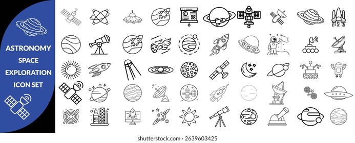 Astronomy and space exploration icon set. Thin line editable stroke icons for astrophysics, planets, rockets, astronauts, solar system, satellites, galaxies and outer space observation science design 