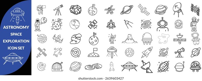 Astronomy and space exploration icon set. Thin line editable stroke icons for astrophysics, planets, rockets, astronauts, solar system, satellites, galaxies and outer space observation science design 
