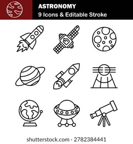 Astronomy and space exploration icon set. Thin line editable stroke icons for astrophysics, planets, rockets, astronauts, solar system, satellites, galaxies and outer space observation science
