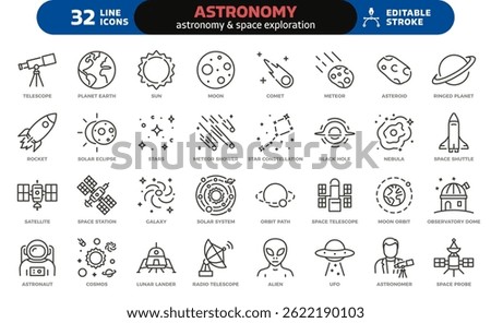 Astronomy and space exploration icon set. Thin line editable stroke icons for astrophysics, planets, rockets, astronauts, solar system, satellites, galaxies and outer space observation science