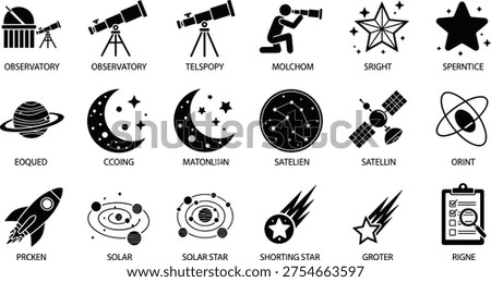 Astronomy and space exploration icon set featuring observatory telescope stars planets moon satellite rocket solar system comet and astrology research symbols