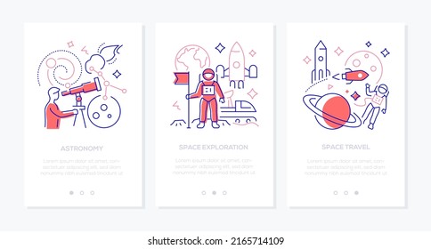 Astronomy and space exploration - line design style banners set with place for text. Look at the stars through a telescope, study the galaxy, rocket launch, astronaut and mission to the moon idea