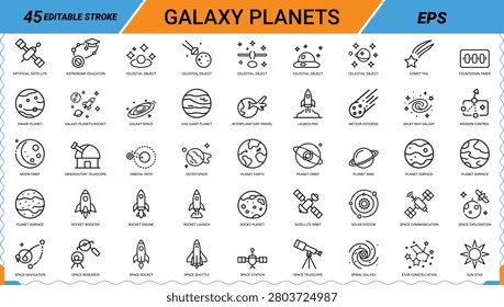 Astronomy and space exploration line icons set showcasing celestial objects planets and missions.