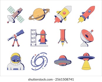 Astronomy and Space Icon Collection. Vibrant Illustrations Featuring Rockets, Satellites, Astronauts, and UFOs. Fully Editable Vector Graphics