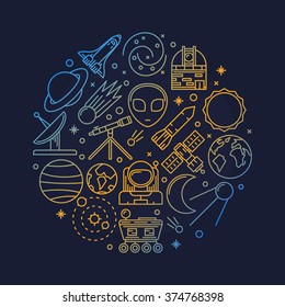 Astronomy or space illustration - vector round astronomy symbol made with outline signs