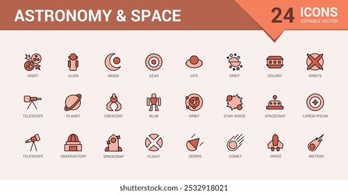 Astronomy and space line and colorful icons set. galaxies, Space planet, sun, alien minimal. Line and filled color icon collection. Editable stroke and color. Pixel perfect.