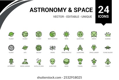 Astronomy and space line and colorful icons set. galaxies, Space planet, sun, alien minimal. Line and filled color icon collection. Editable stroke and color. Pixel perfect.