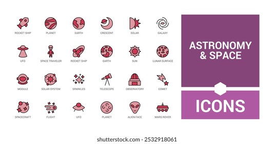 Astronomy and space line and colorful icons set. galaxies, Space planet, sun, alien minimal. Line and filled color icon collection. Editable stroke and color. Pixel perfect.