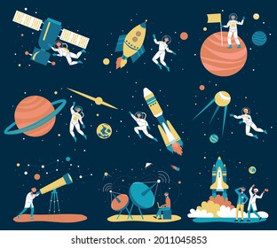 Astronomy space people background icon set astronauts and astronomers do their jobs fixing space stations conquering planets searching and exploring constellations vector illustration