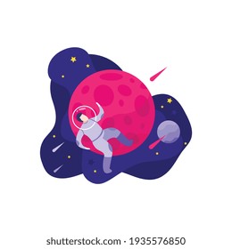 Espacio astronómico composición de personas con personajes de estilo doodle de astronautas estrellas e imágenes del planeta ilustración vectorial