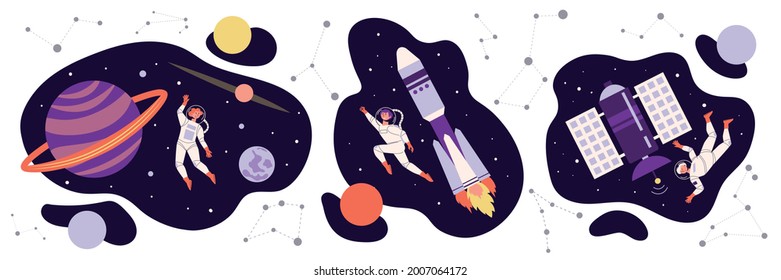 Astronomy space people design concept set man in weightlessness next to saturn next to rocket and space satellite vector illustration