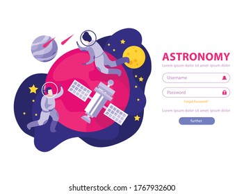 Astronomy space people flat background web site authentication page with fields for entering username and password vector illustration
