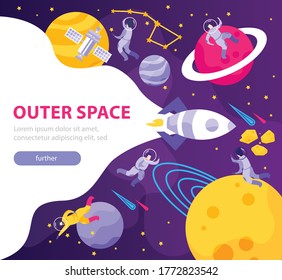 Astronomy space people flat background with editable text clickable button and composition of doodle cosmic images vector illustration