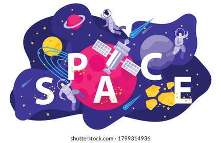 Espacio astronómico personas composición plana con letras rodeadas de estrellas y planetas con caracteres de astronautas ilustración vectorial