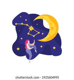 Astronomy space people flat icons collection with doodle style character of woman observing stars vector illustration