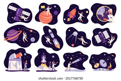 Astronomy Space People Icon Set People In Space Next To Rocket At Satellite On Mars Looking Through Telescope Vector Illustration