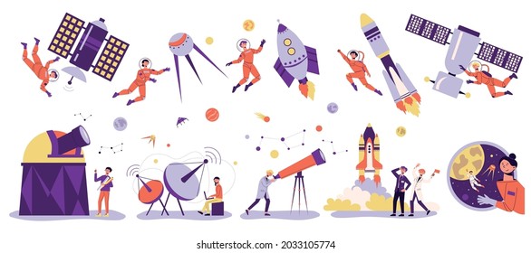 Astronomy space people white icon set isolated satellites planets constellations astronauts in weightlessness astronomers and rockets vector illustration