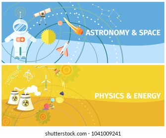 Astronomy and space, Physics and energy vector illustration with spaceman, small rocket, sun, meteor, powerful telescope, factory pipes, molecule.