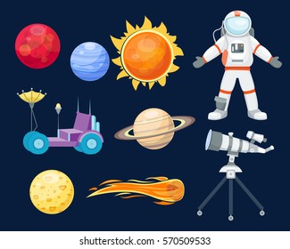 Astronomy space rocket cartoon set vector.