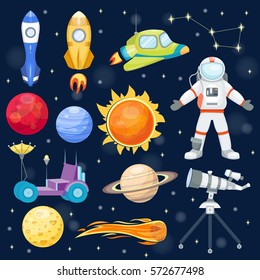 Astronomie Raumfahrtrockenkartoon setzte Vektorastronomie-astronomische Objekte von Planeten in der Raumfahrt des Sonnensystems und Kosmonaut mit Raumsondengrafik.