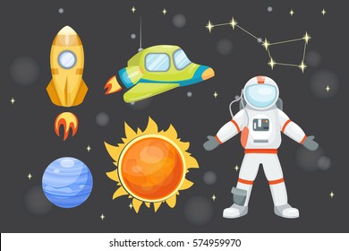 Astronomy space rocket cartoon set vector.