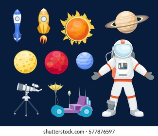 Astronomy space rocket cartoon set vector.
