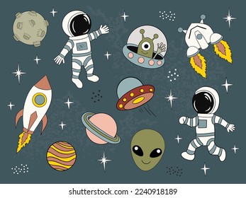 Astronomy space rocket retro cartoon vector set
