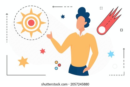 Astronomy, space science research vector illustration. Cartoon man and flying comet in cosmos, digital travel to universe isolated on white