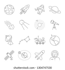 Astronomy and Space symbols collection. Thinline icons of the space theme. Contains such icons as Moon, Saturn, Earth, satellite, telescope, solar system, astronaut, moonrover. Editable Storke. EPS 10