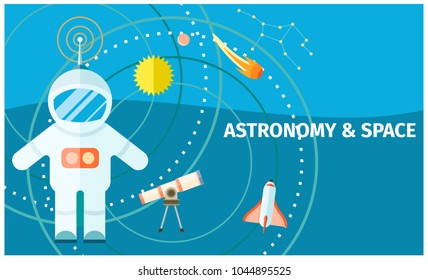 Astronomy and space template with spaceman against blue background with various orbits, falling comets, flying rocket etc.