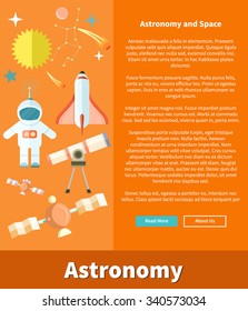 Astronomy and space web page design. Astrology and star, telescope and galaxy, astronomer and planet, science and universe, technology and spaceship, spacecraft illustration