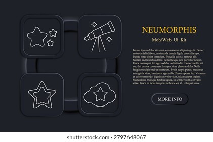 Astronomy star set icon. Line icons display multiple star shapes, telescope on tripod with sparkles, outlined star, cloud with star, night sky observation, celestial object, space viewing concept