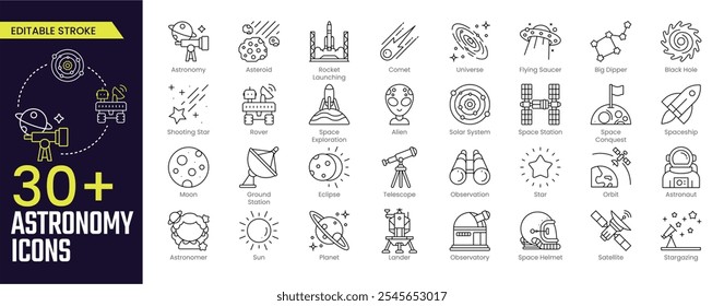 Astronomía Icono de trazo colecciones. Contiene cohete, universo, planeta, espacio, satélite, astronomía, astronauta, estrella, telescopio e iconos de la Luna. Icono de trazo editable Icono de contorno de colección