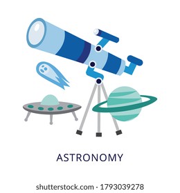 Astronomy studying and classes banner for school education, flat vector illustration isolated on white background. Symbol of Astronomy school subject lesson.