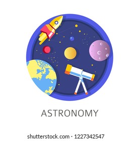 Astronomy subject in school, discipline with celestial bodies study vector. Spacecraft rocket flying in starry night sky, telescope making researches. Flight of spaceship, galaxies discoveries