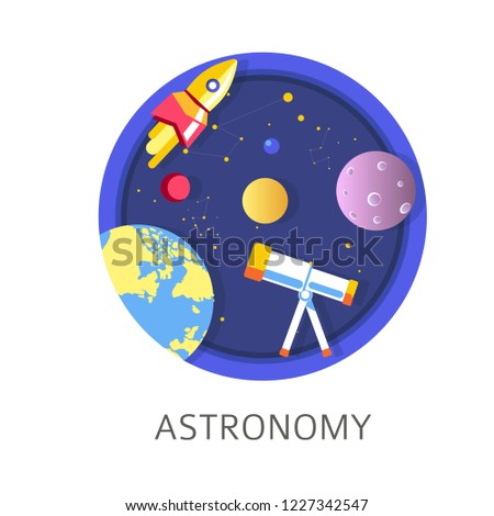 Astronomy subject in school, discipline with celestial bodies study vector. Spacecraft rocket flying in starry night sky, telescope making researches. Flight of spaceship, galaxies discoveries