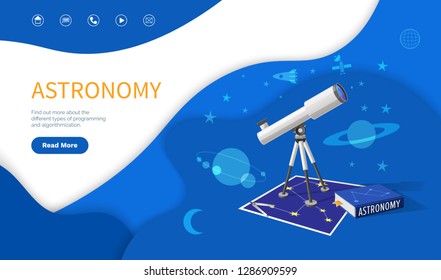 Astronomy subject, school discipline studies page vector. Telescope with zoom lens to see stars and celestial bodies, planets and comets, map charts. Website or webpage, landing page in flat style