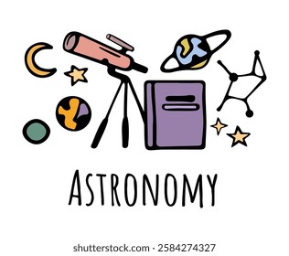 Astronomy subject in school, discipline in university or college. Vector flat cartoon icons for students curriculum. Knowledge about planets and space, galaxy and celestial bodies discovery