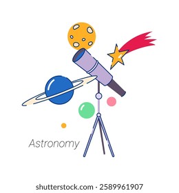 Astronomy subject in school, university or college. Vector isolated flat cartoon icon for student curriculum. Knowledge about planets and universe, celestial bodies and cosmic galaxy exploration