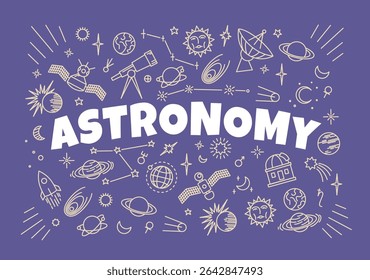 Astronomy symbols and icons on school board, vector education. Space planets, Moon and Sun star, telescope and orbit satellite sketch chalk signs, universe galaxy solar system