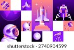 Astronomy Technology Grid with Rocket Launch, Astronaut Helmet and Galaxy Elements - Modern Space Vector Background