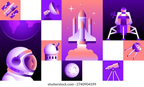 Rejilla de Tecnología de Astronomía con Lanzamiento de Cohetes, Casco de Astronauta y Elementos de Galaxia - Fondo de Vector Espacial Moderno
