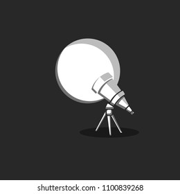 Astronomy telescope and planet discovery cosmos illustration black and white minimal style.