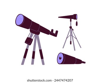 Astronomy telescopes on tripod set. Science tools for discover, exploration for space. Planetarium spyglass for observation of sky. Optical glass scopes. Flat isolated vector illustration on white