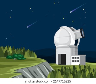 Astronomy theme with big telescope on the hill illustration