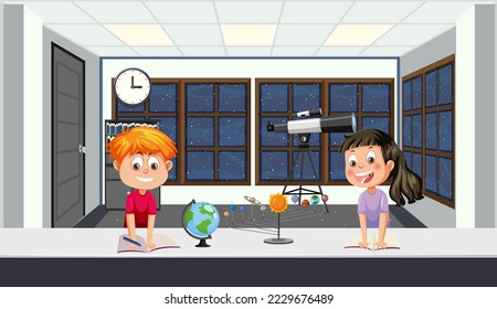 Tema astronómico con ilustraciones de niños