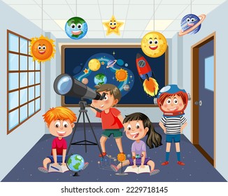 Astronomy theme with kid students illustration